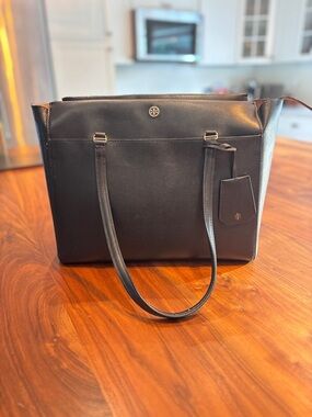 Tory Burch Black Leather Tote with Gold Logo Accent
